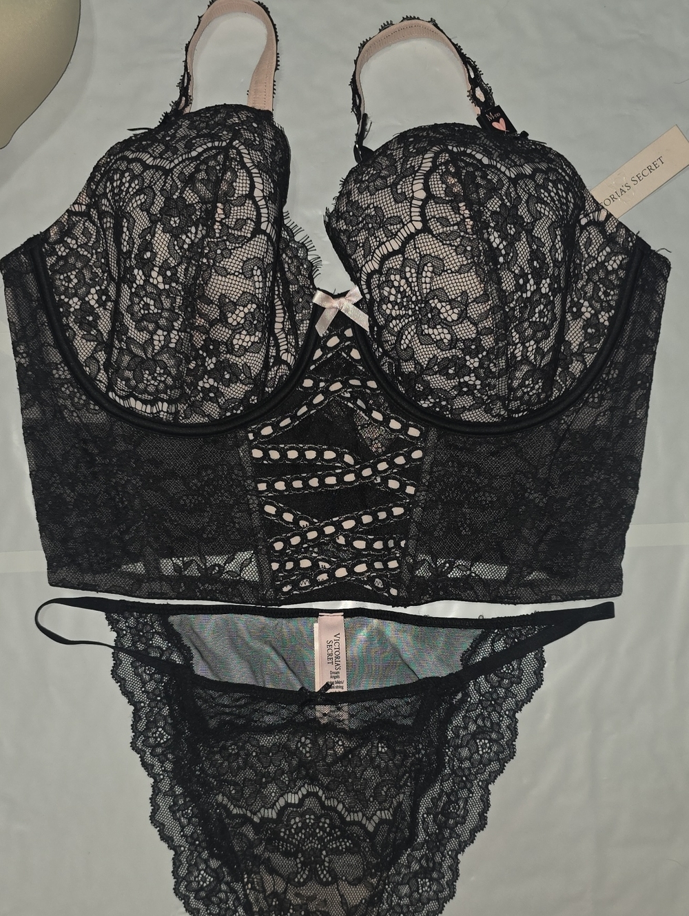 Victoria's Secret Black Lace Longline Bustier Bra & Lace Thong Set